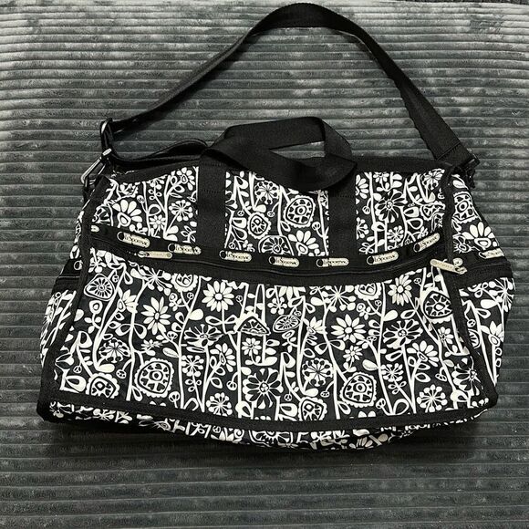 LeSportsac Large Floral Black And White Duffle Bag - Picture 6 of 10
